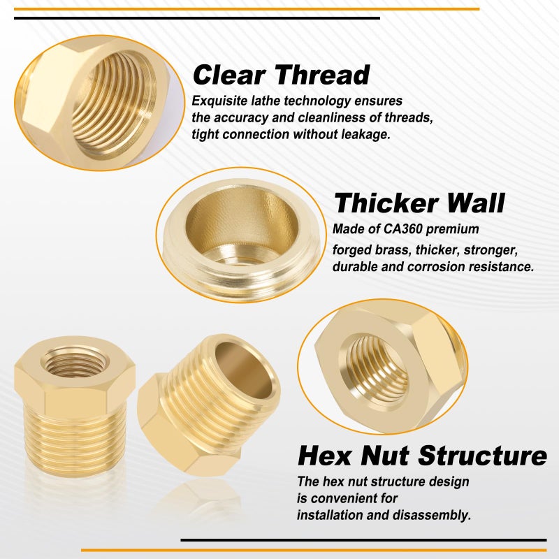 KOOTANS 4pcs Heavy Duty 3/8 NPT Male Thread to 1/8 NPT Female Thread Brass Reducer Hex Bushing Brass Fitting Pipe Hose Tube Adapter Convert - Image 3